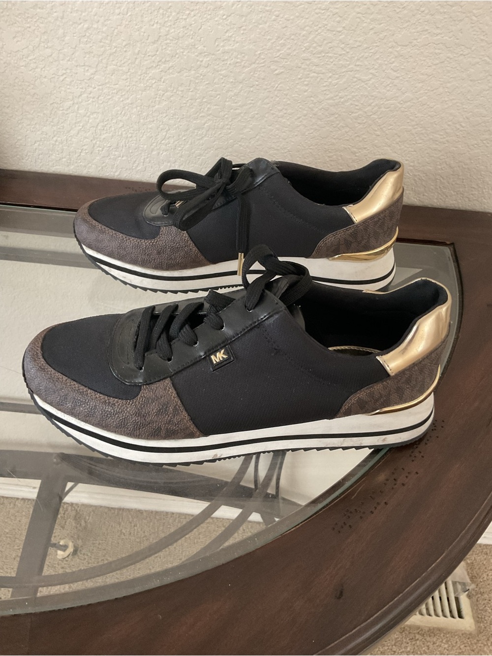 Michael Kors Black and Brown Platform Sneakers with Gold Trim - Picture 4 of 9